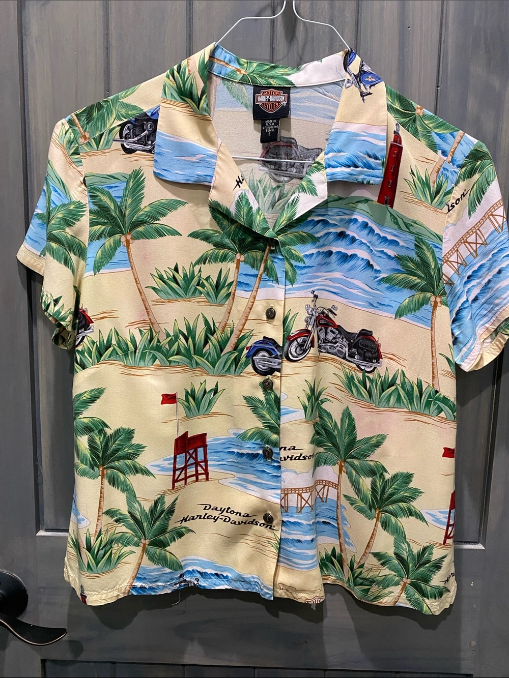 Harley-Davidson Beige, Blue & Green Tropical Button-Down Shirt